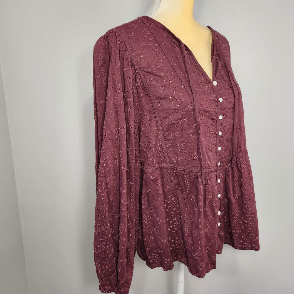 Burgundy Eyelet Top Size L  Babydoll Fairy Flowy - Picture 3 of 13